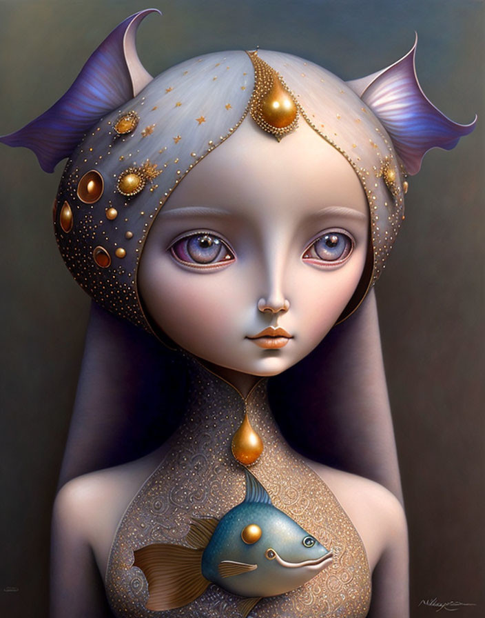 Fantasy portrait of humanoid with pale skin, large eyes, horn-like ears, fish pendant, and