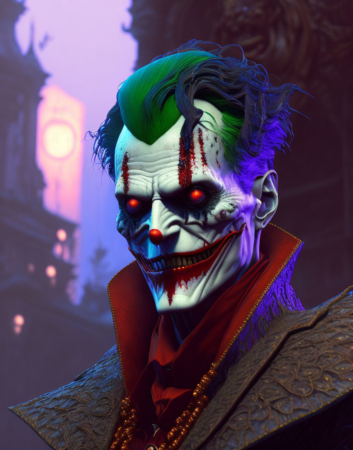 Detailed image of Joker-like character with green hair and clock in Gothic setting