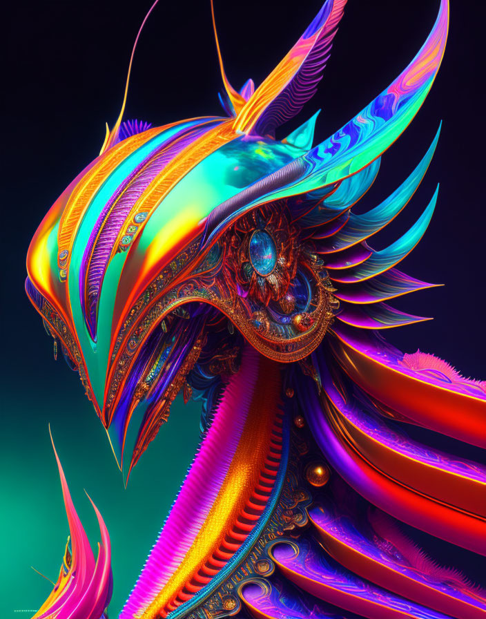 Colorful digital artwork showcasing iridescent creature with metallic feathers on teal background