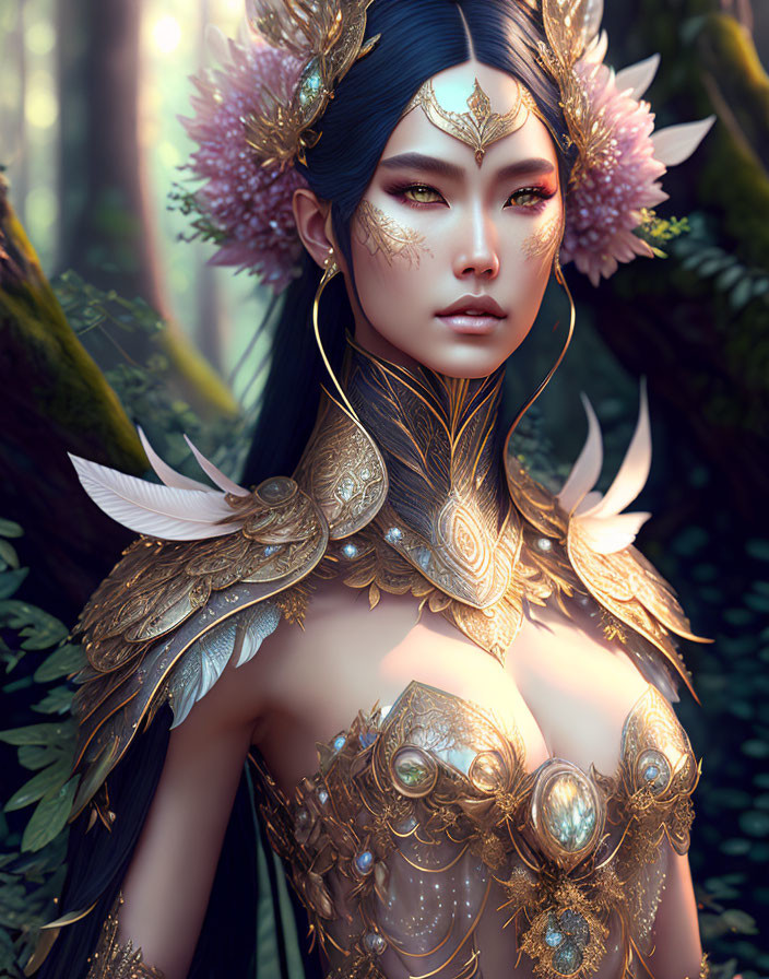 Blue-haired ethereal being in ornate golden armor among lush green forest