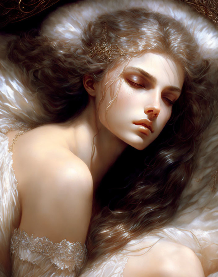 Ethereal illustration of a woman with wavy hair on plush white surface