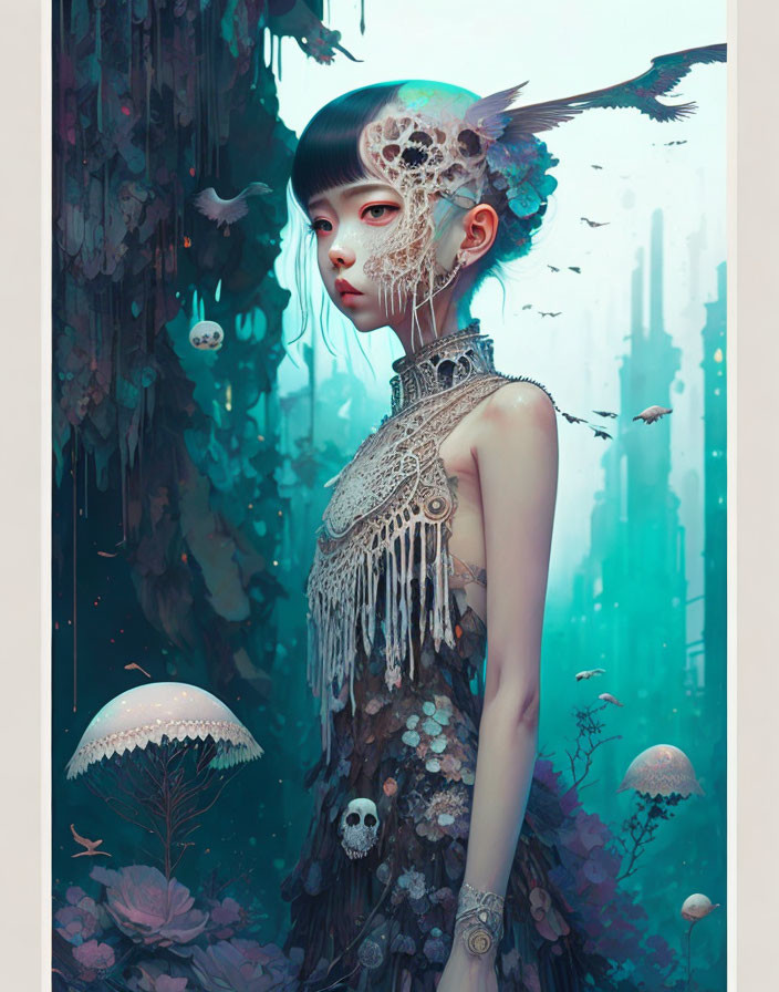 Ethereal woman with skull headpiece in futuristic blue fantasy portrait