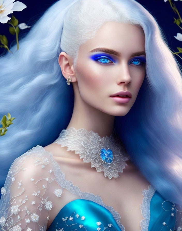 Fantasy portrait of woman with blue eyes, white hair, blue dress & gem necklace