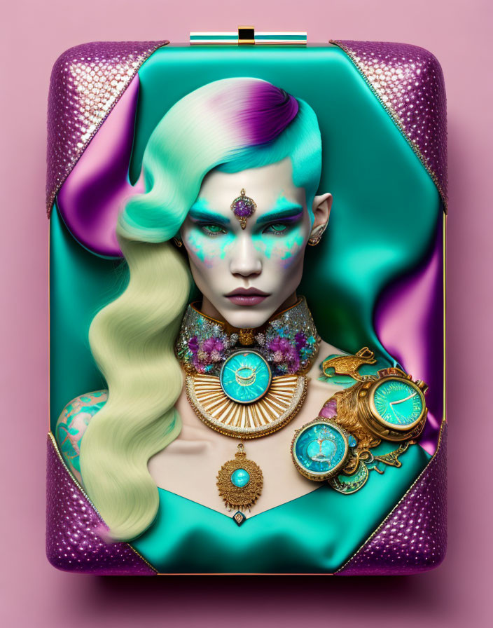 Vibrant surreal portrait with mint green hair and turquoise jewelry