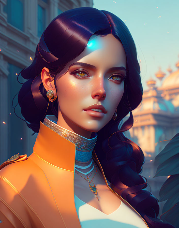 Digital artwork of woman with dark hair, glowing skin, blue highlights, golden earrings, and orange uniform