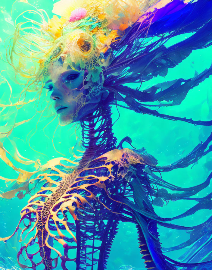 Vibrant surreal art: Human figure with aquatic theme, blue and yellow colors, coral-like spine