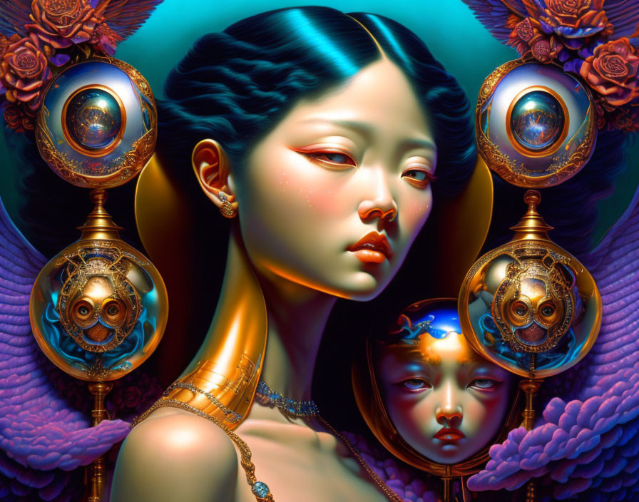 Surreal portrait of woman with golden mechanical devices and azure feathers.