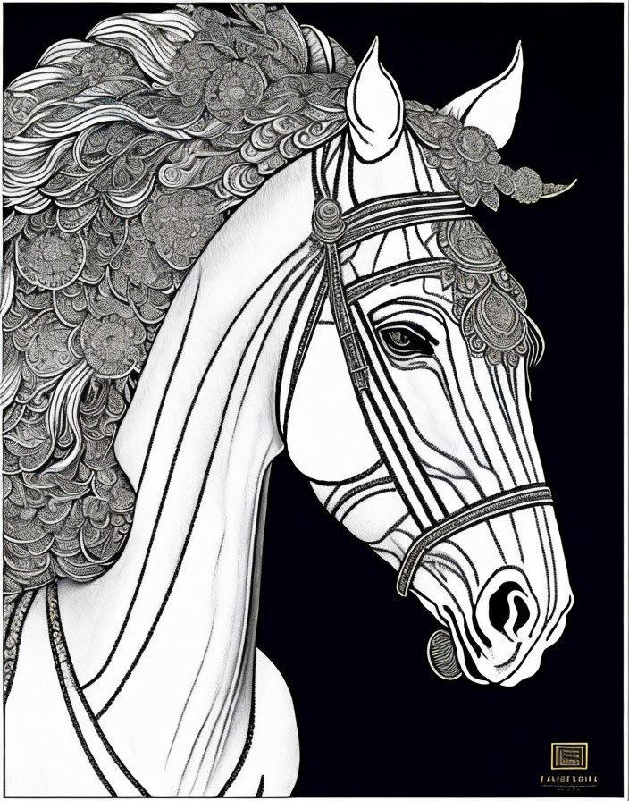 Monochrome horse illustration with intricate mane and bridle