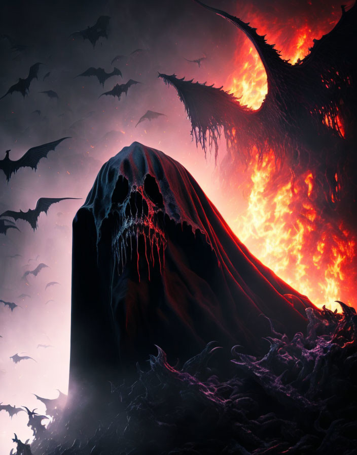 Cloaked Figure Surrounded by Bats in Hellish Landscape