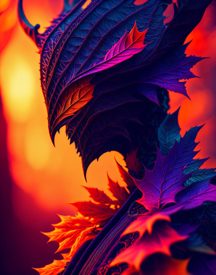 Close-Up Shot of Vibrant Leaves with Blue to Orange Gradient