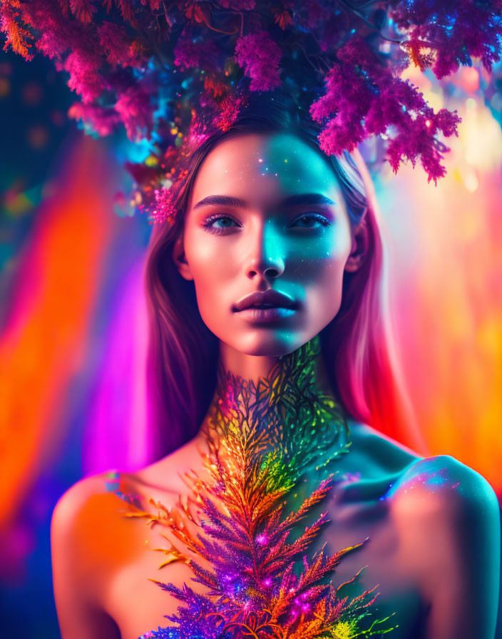 Vibrant body paint woman posing under flower canopy in neon-lit setting