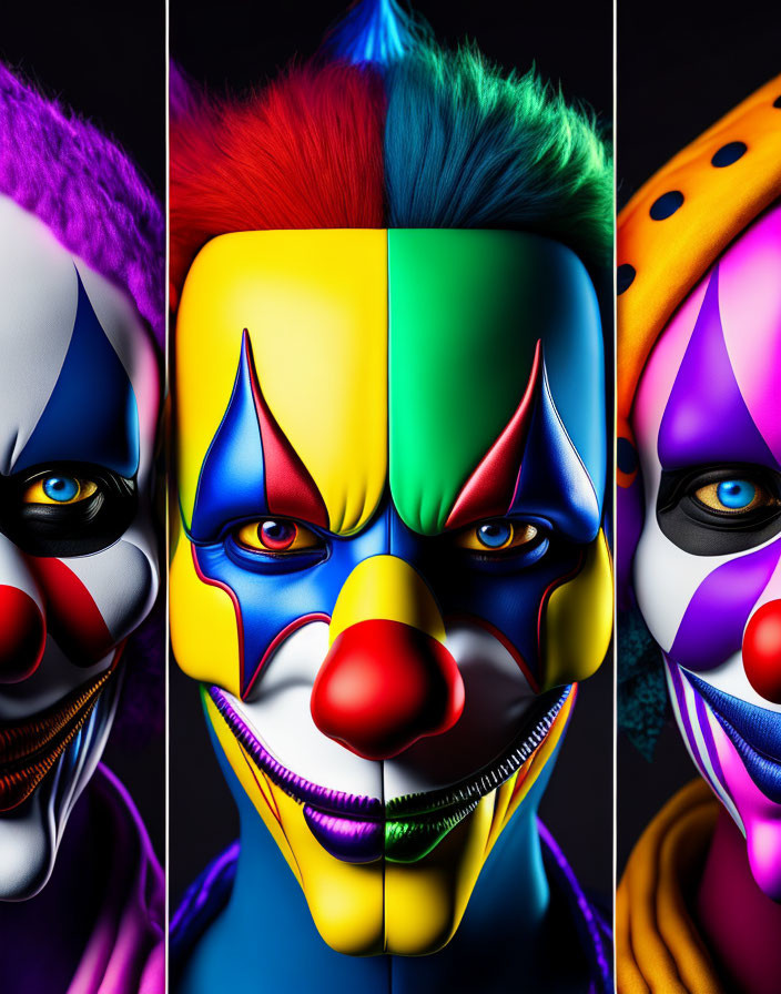 Colorful Clown Portraits with Exaggerated Features on Black Background