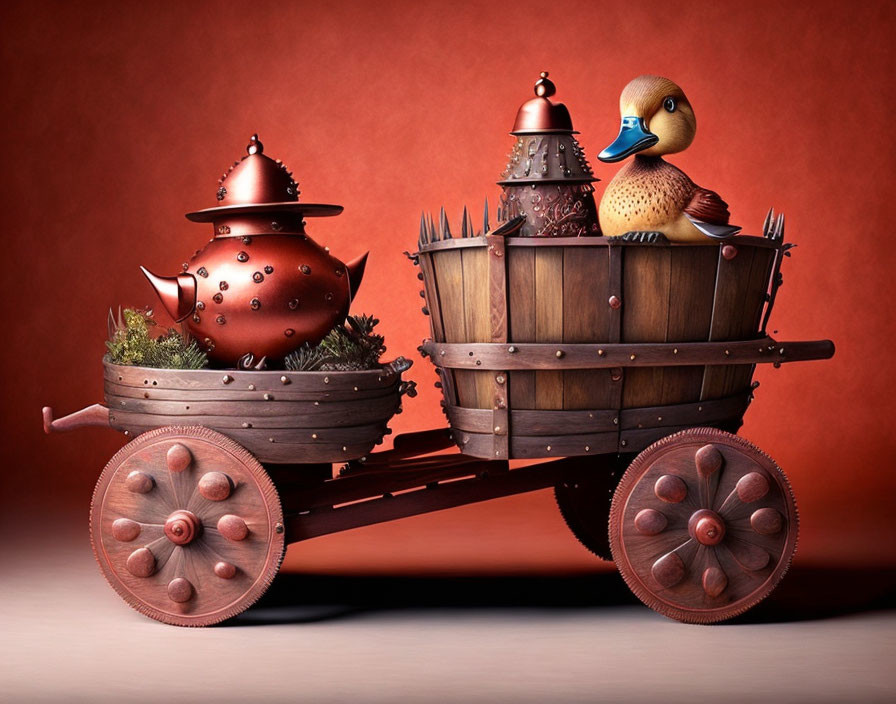 Whimsical wooden cart with teapots and duck figurine on warm red backdrop