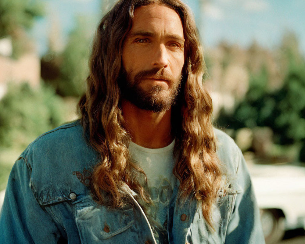 Bearded man in denim jacket outdoors with trees and blue sky