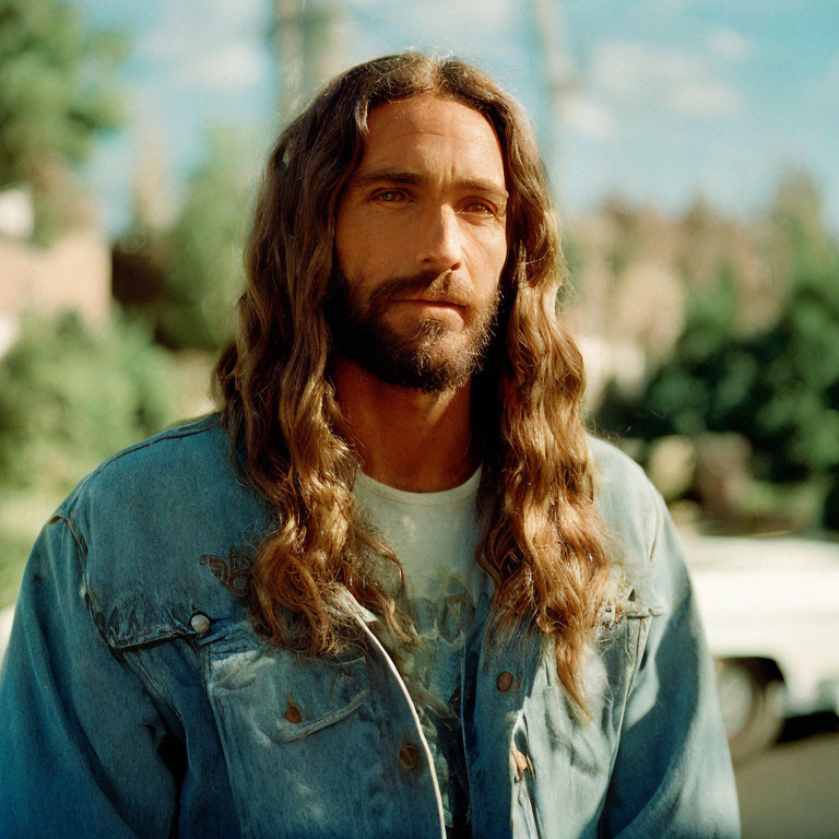 Bearded man in denim jacket outdoors with trees and blue sky