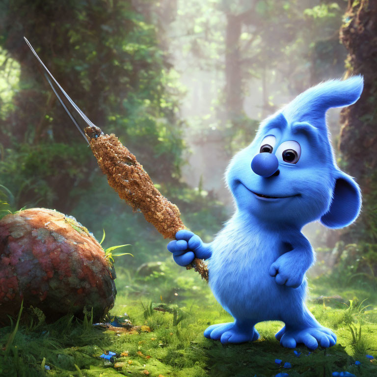 Blue animated creature with big ears in sunlit forest clearing