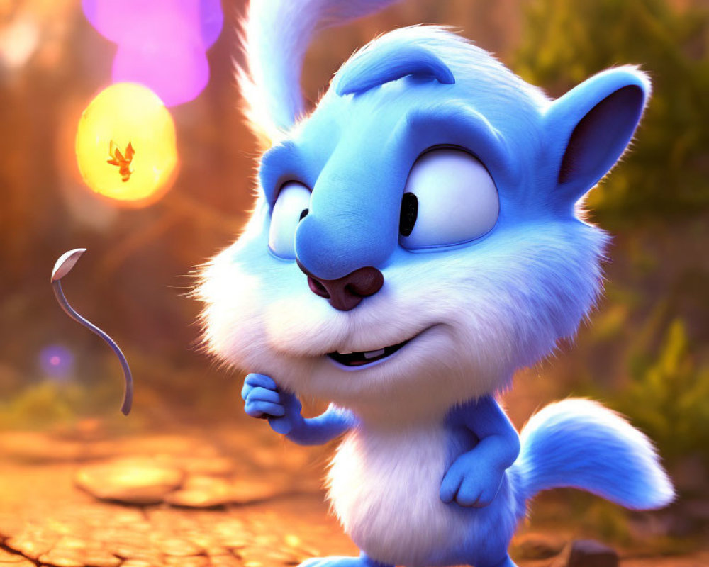 Blue animated squirrel winking in golden-lit forest