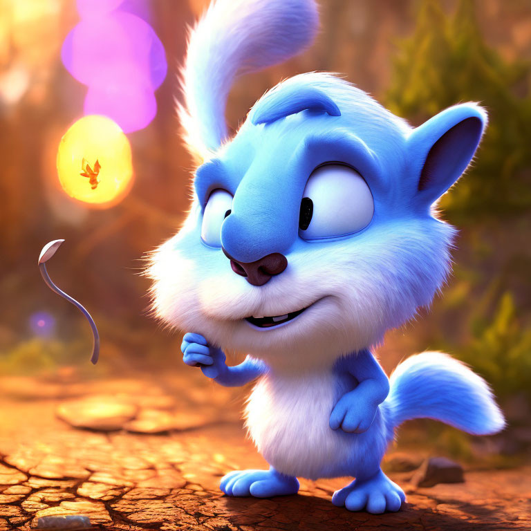 Blue animated squirrel winking in golden-lit forest