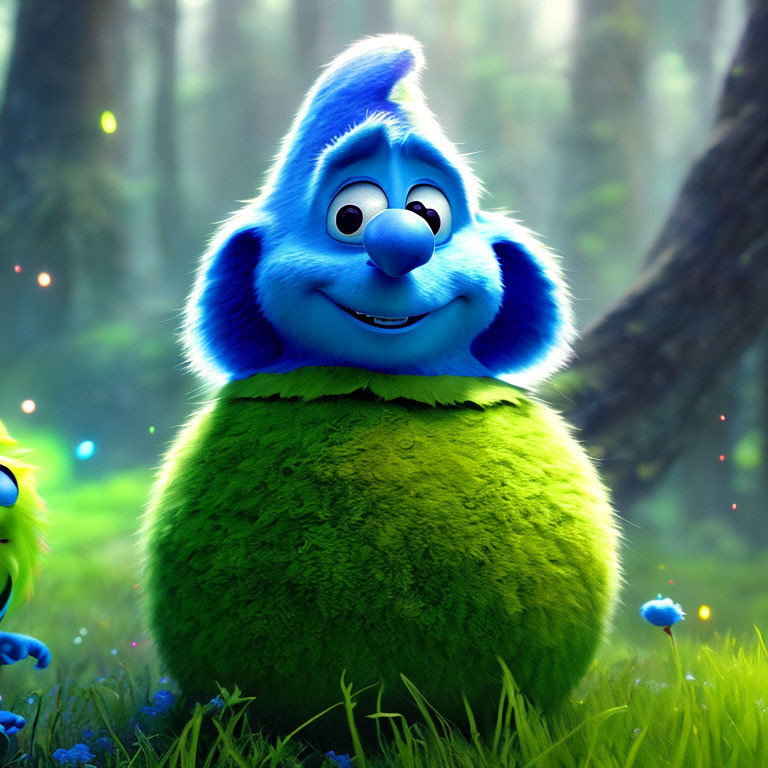 Fluffy blue animated character in lush green forest with magical lights