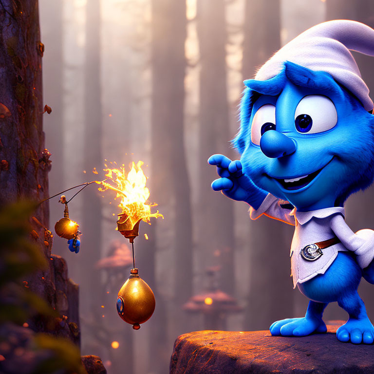 Blue animated character with white hat in forest holding hand out, lantern with bright flame nearby