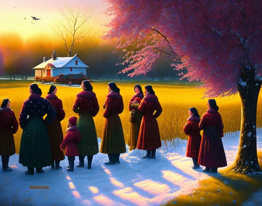 Group in traditional attire at countryside house during vibrant sunset