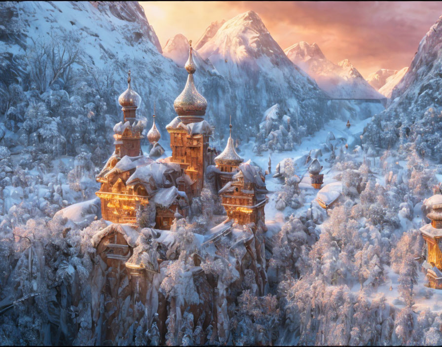 Snow-covered castle in winter landscape with ornate towers and golden-lit mountain peaks at sunset.