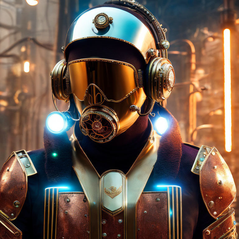 Futuristic knight with golden helmet and glowing blue accents against industrial backdrop