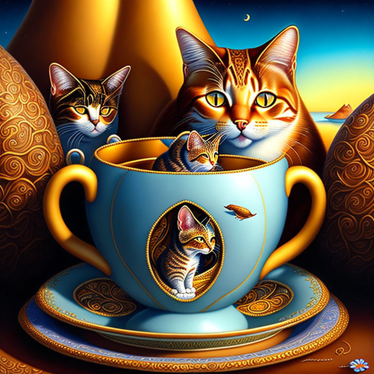 Colorful Stylized Cat Illustration with Cup and Starry Night Background