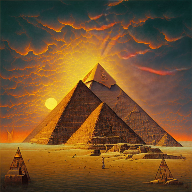 Surreal illustration: Great Pyramid of Giza under orange skies