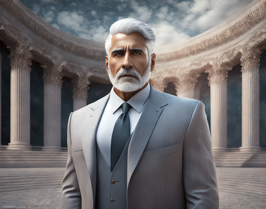 Elderly man in grey suit with white hair and beard near classical columns