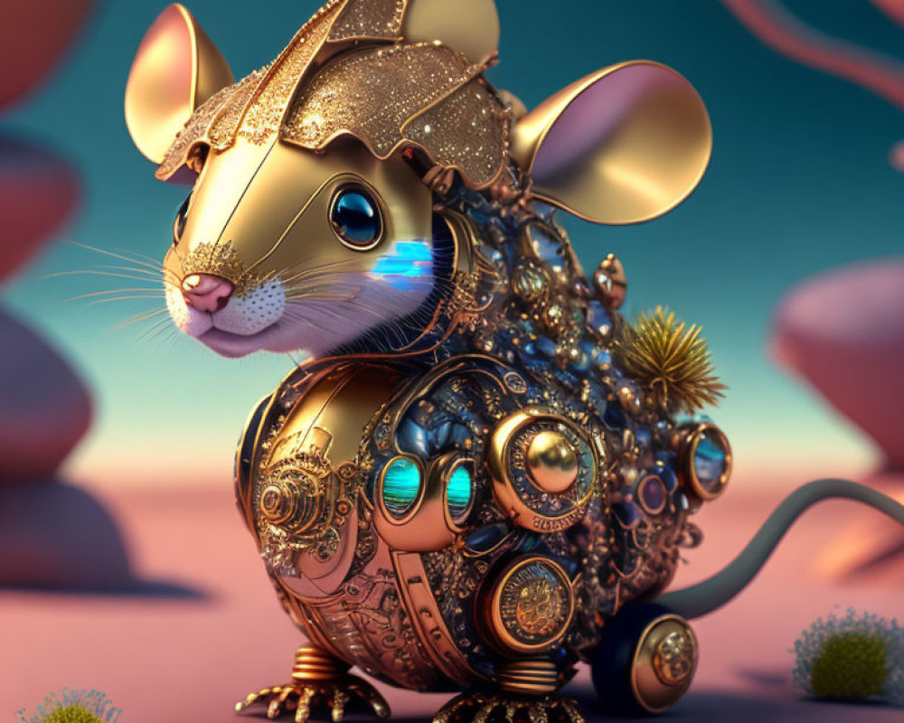 Steampunk-inspired mechanical mouse with intricate gears on soft background