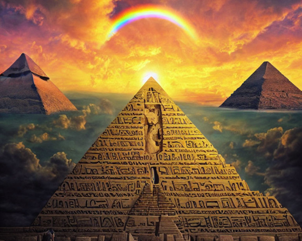 Person standing before detailed hieroglyph pyramid under dramatic sky with rainbow and distant pyramids