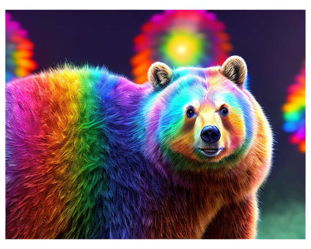 Colorful Bear with Rainbow Fur on Neon Background