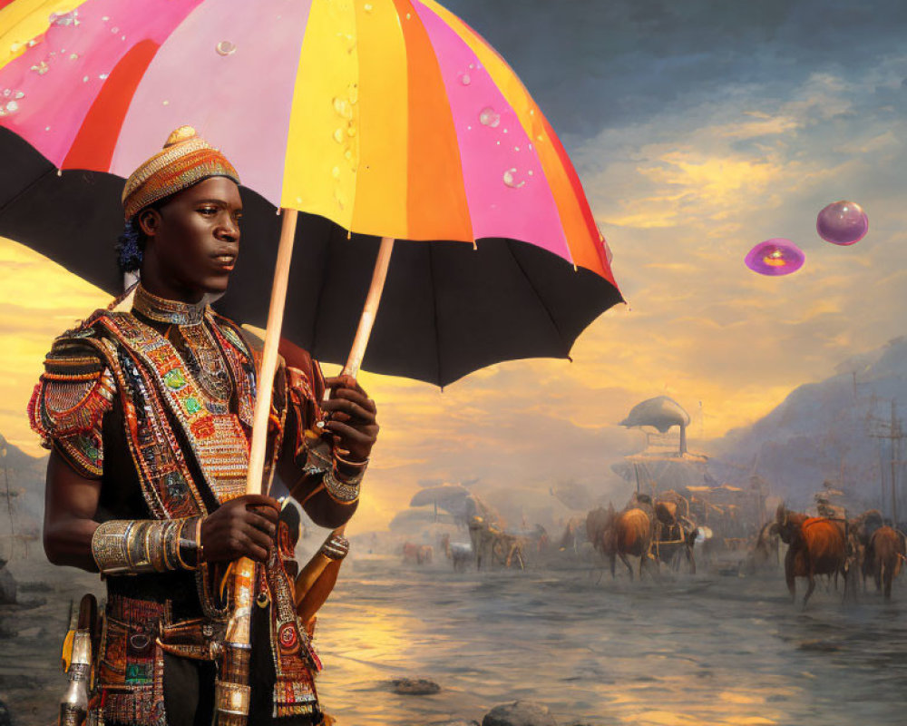 Person in ornate attire with colorful umbrella in surreal landscape.