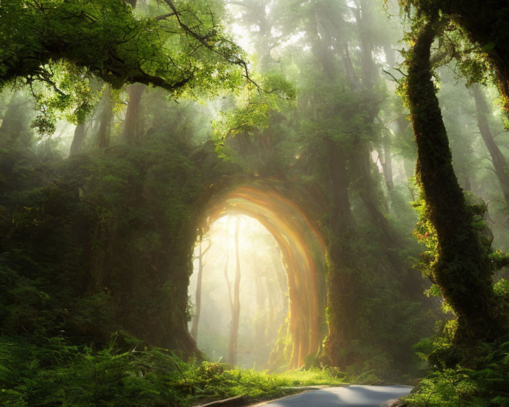 Sunlit forest with arch-shaped tree over road in misty setting