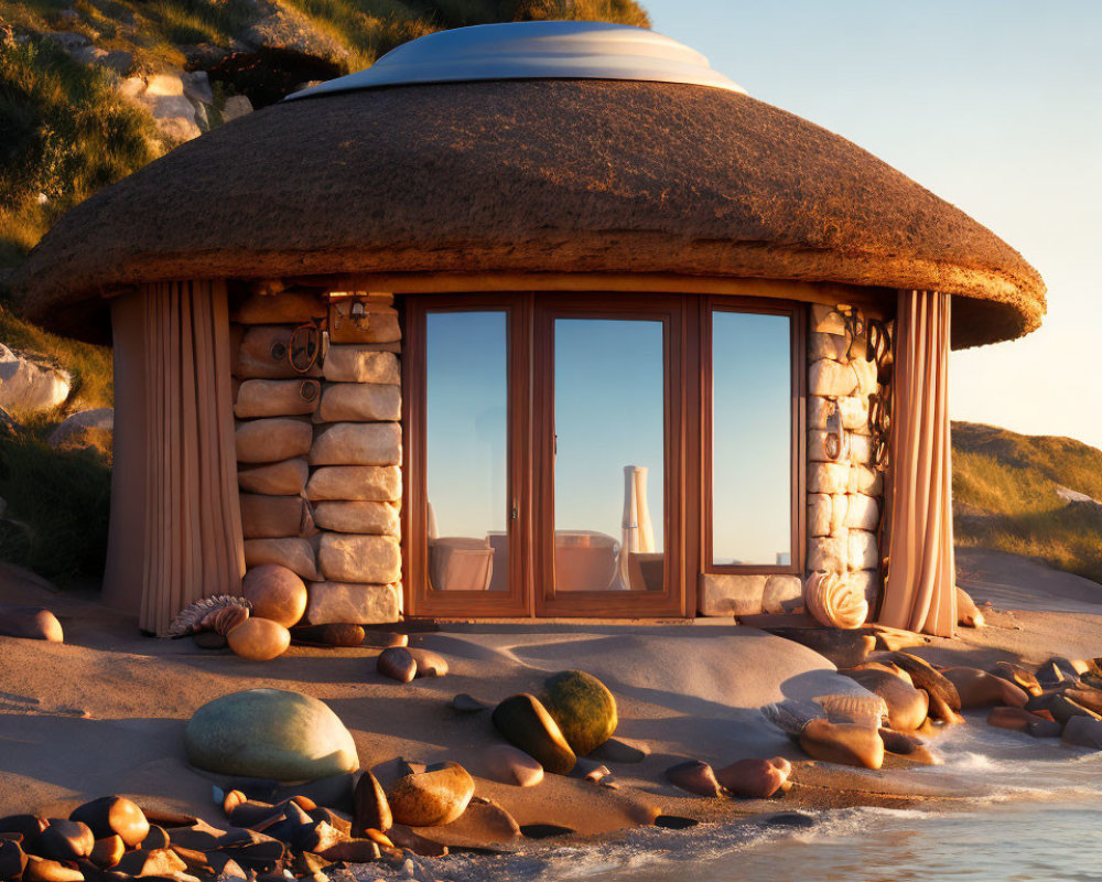 Thatched-Roof Hut on Sandy Beach at Sunset