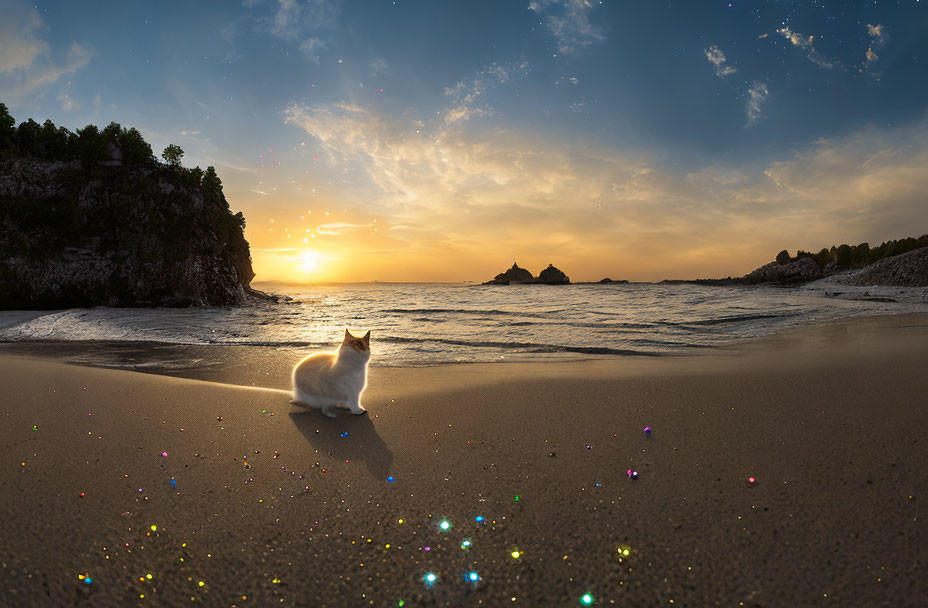 Cat on sandy beach at sunset with glimmering lights, ocean view, cliffs, and starry