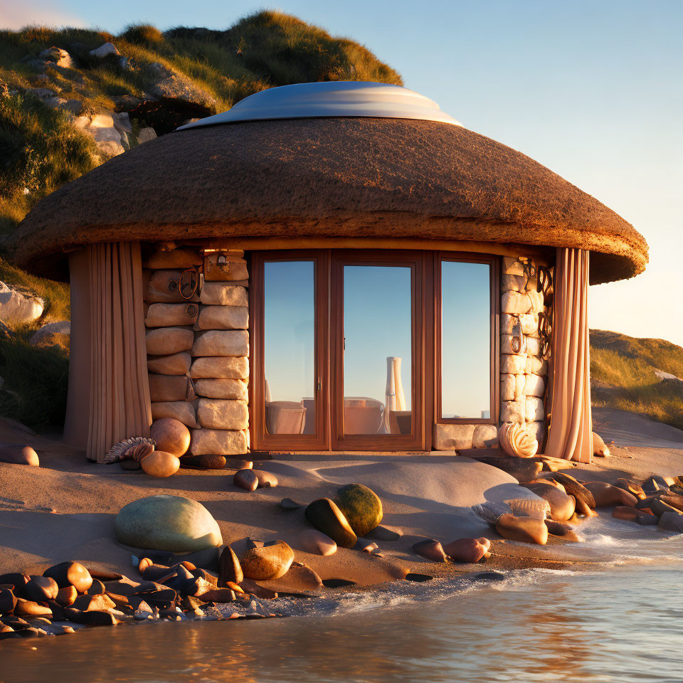 Thatched-Roof Hut on Sandy Beach at Sunset