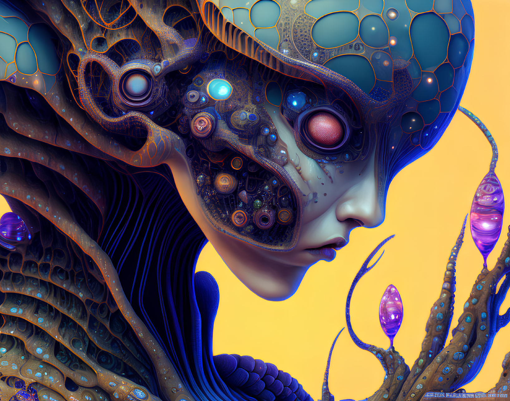 Surreal biomechanical entity with vibrant colors