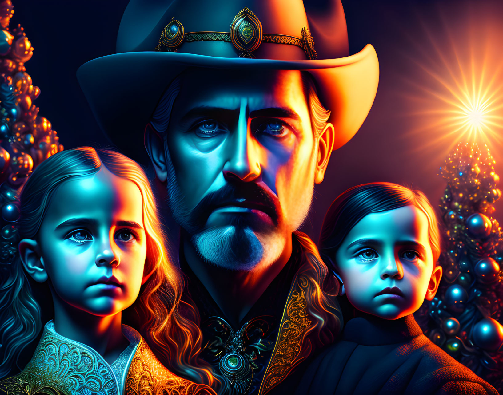 Digital artwork: Man in cowboy hat with children under bright light