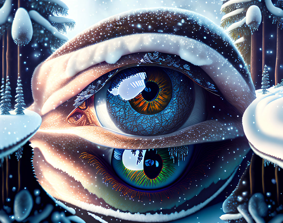 Detailed digital artwork of human eye reflecting wintry landscape.