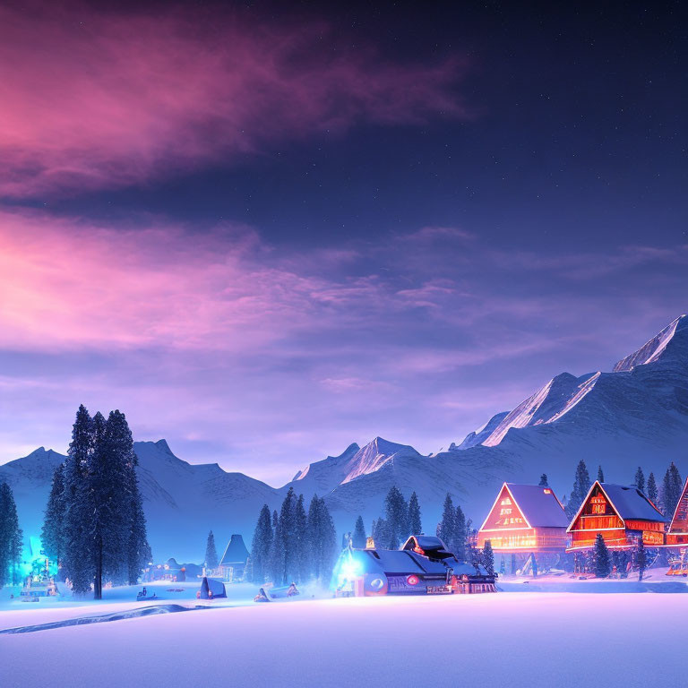 Snow-covered cabins and mountains under a starry purple sky on a serene winter night