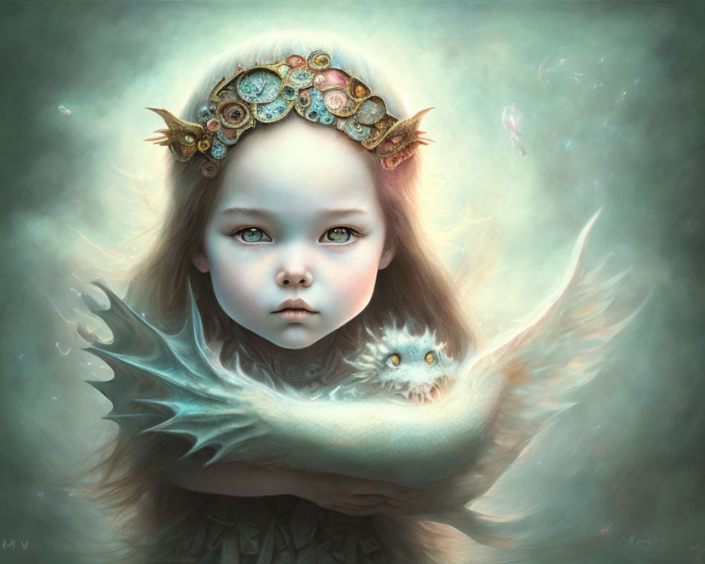 Fantasy painting: Young girl with expressive eyes, crown of gears, holding fluffy creature in dreamy