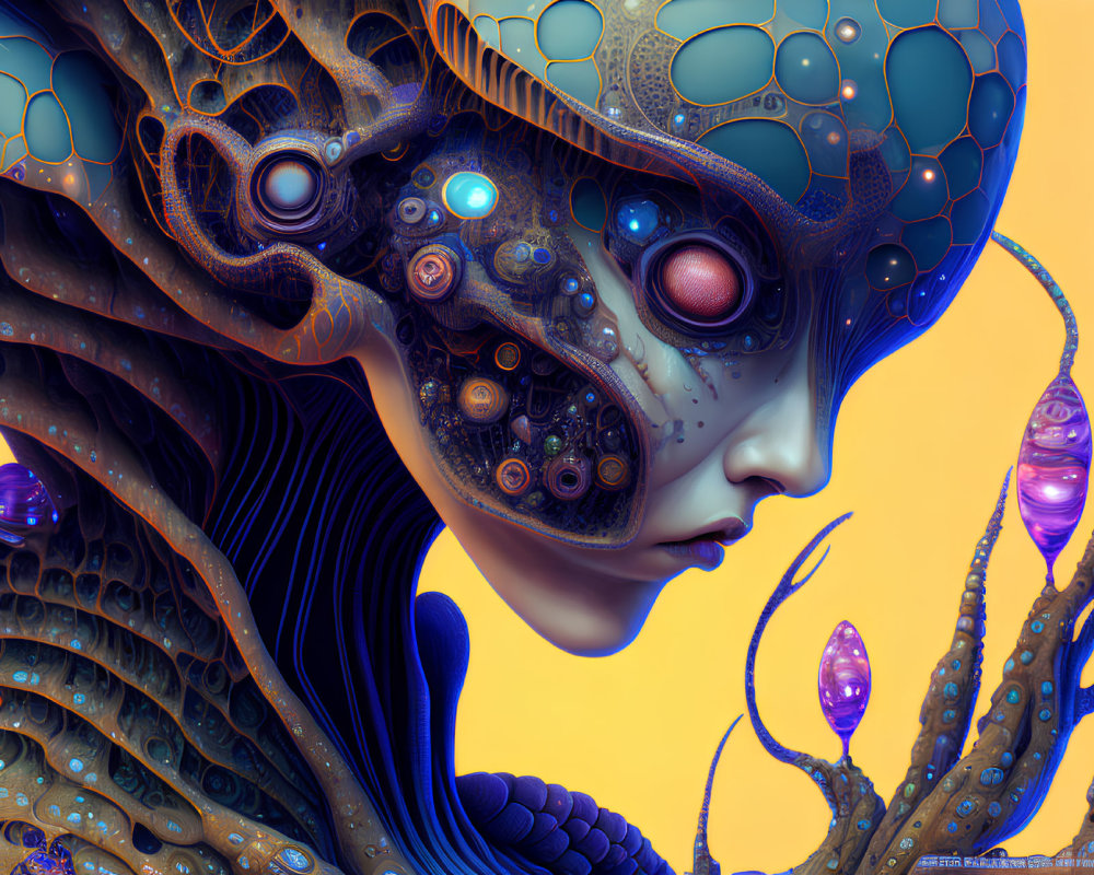 Surreal biomechanical entity with vibrant colors