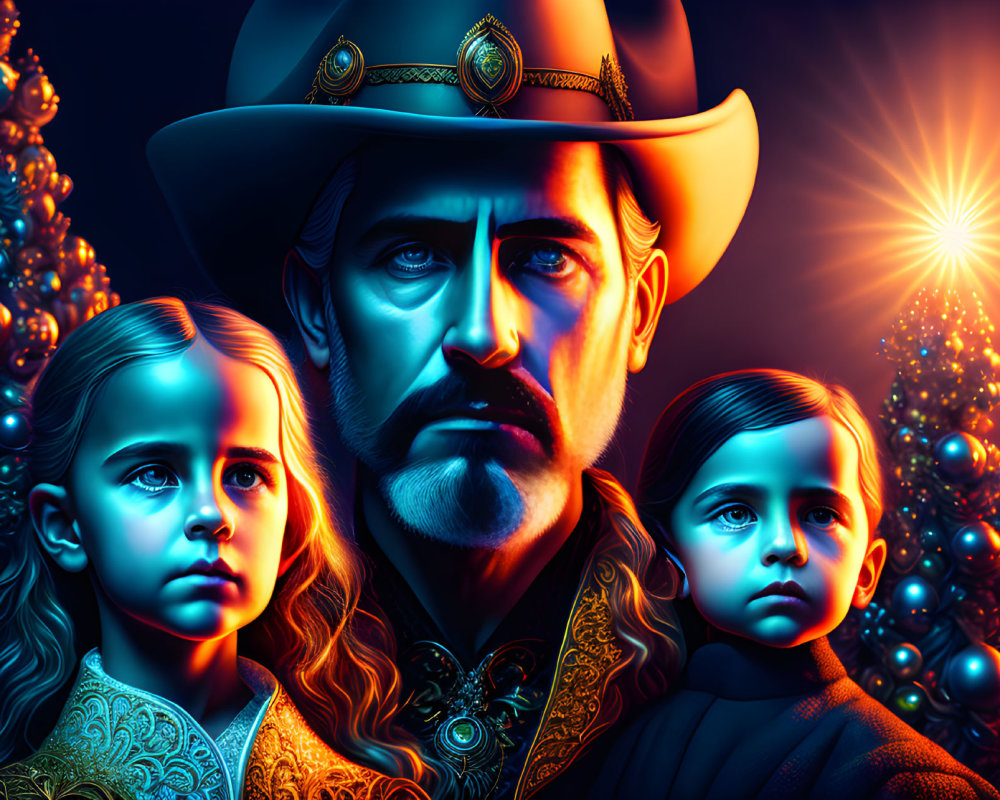 Digital artwork: Man in cowboy hat with children under bright light