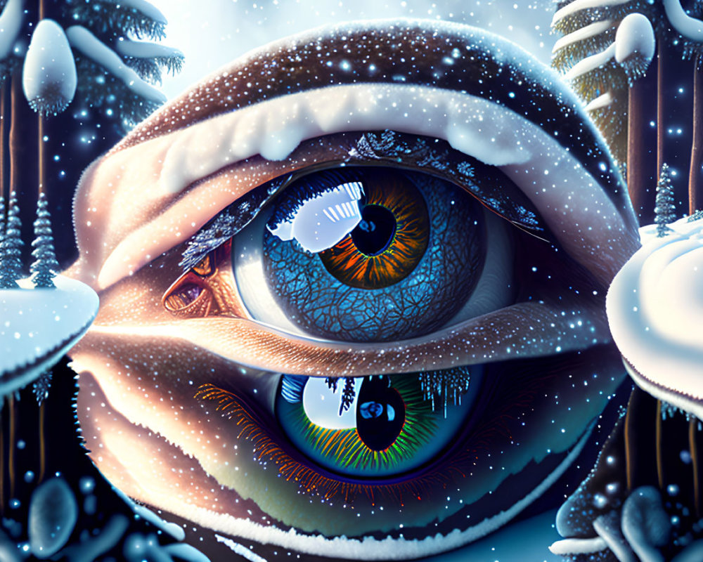 Detailed digital artwork of human eye reflecting wintry landscape.