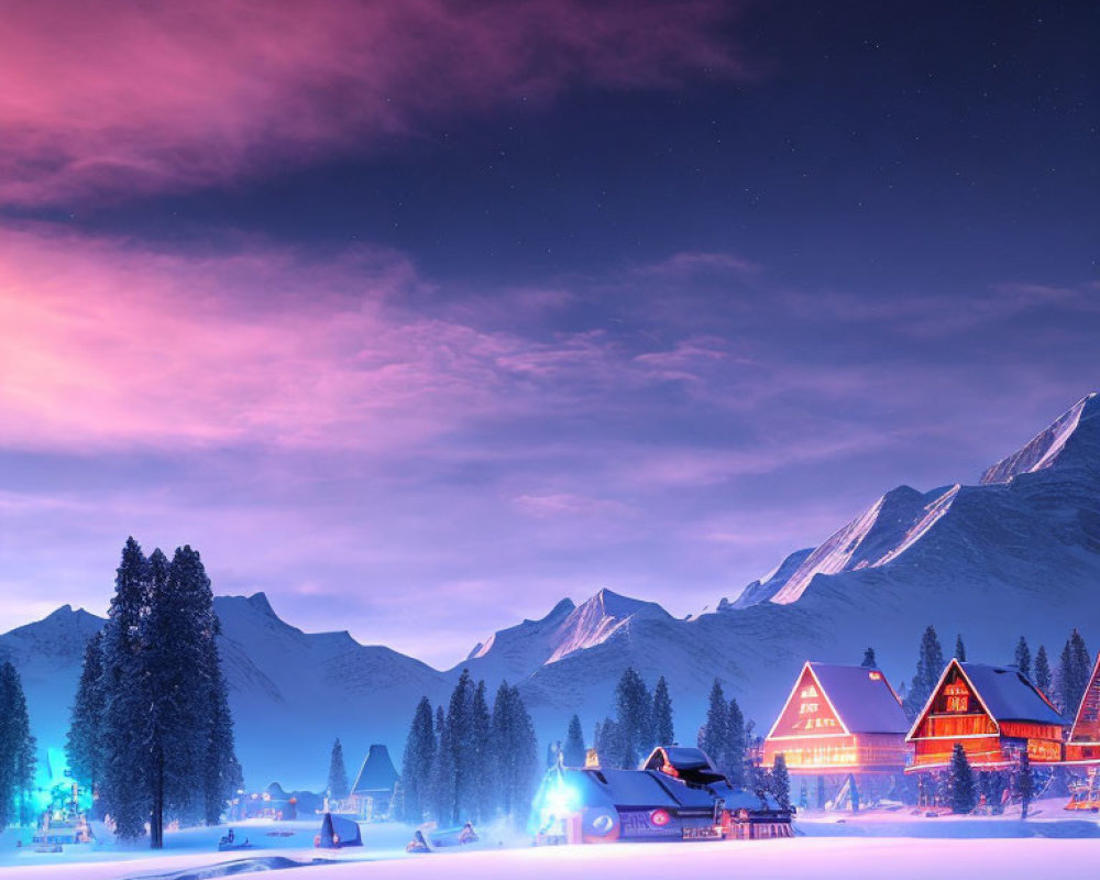 Snow-covered cabins and mountains under a starry purple sky on a serene winter night