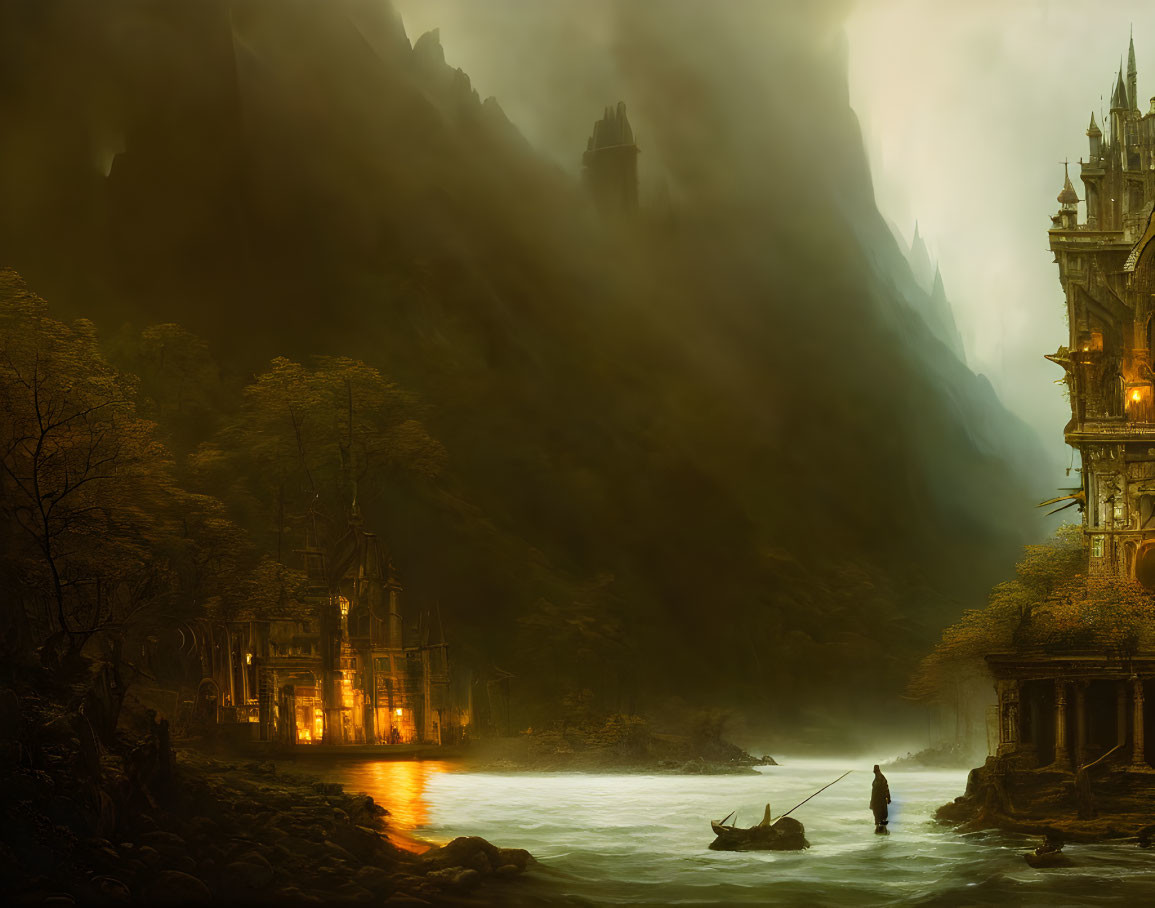 Mystical landscape with illuminated castle, river, boat, and foggy mountains