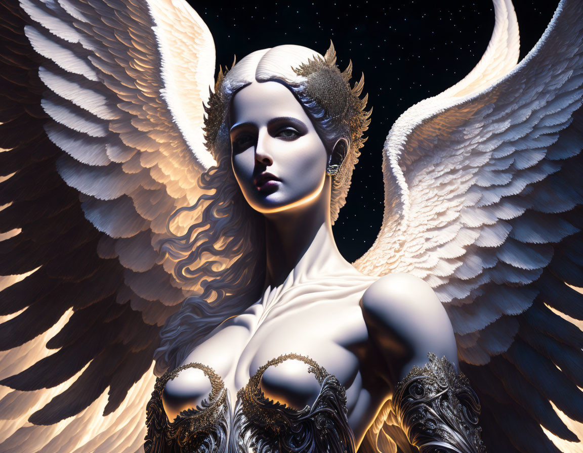 Ethereal angelic figure with white wings and golden details