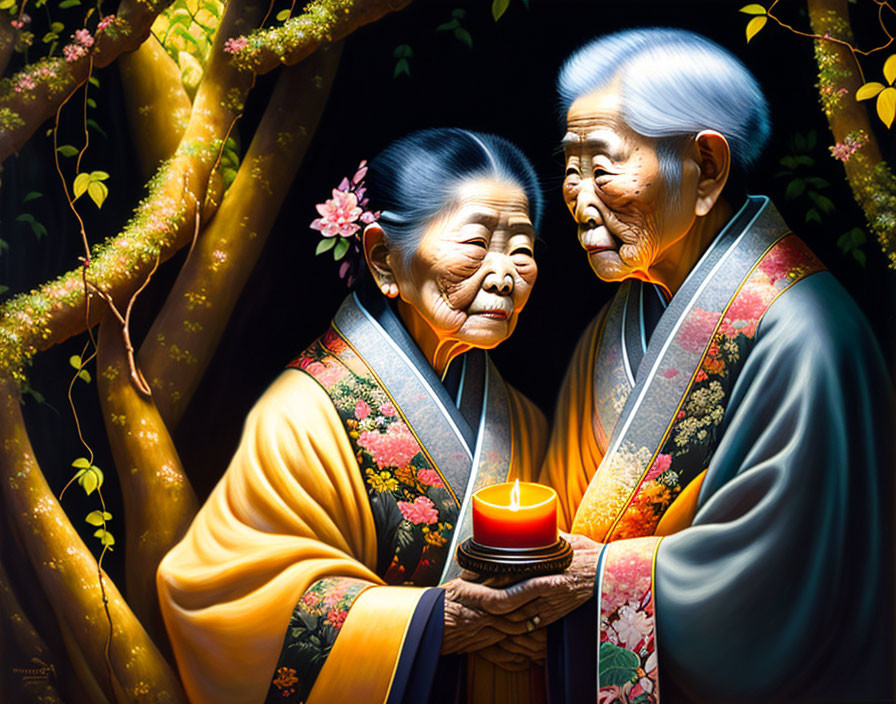 Elderly Couple in Traditional Attire Holding Lit Candle in Floral Setting